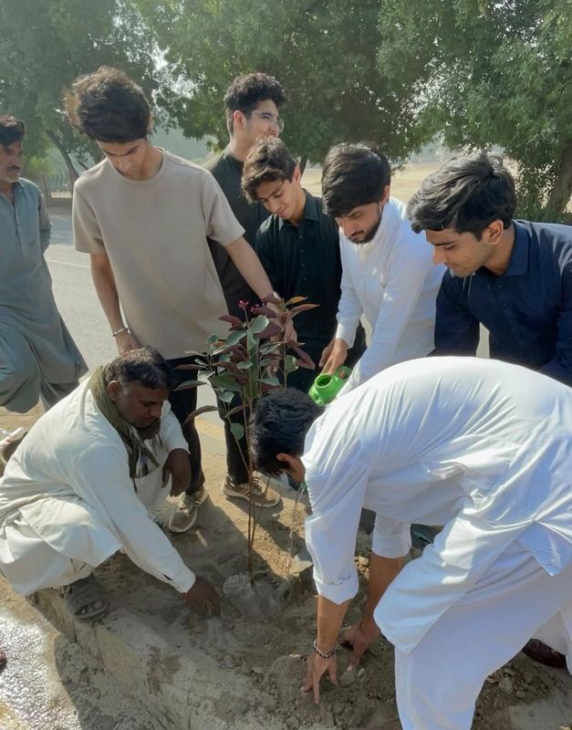 Volunteers planting a sapling during a plantation drive